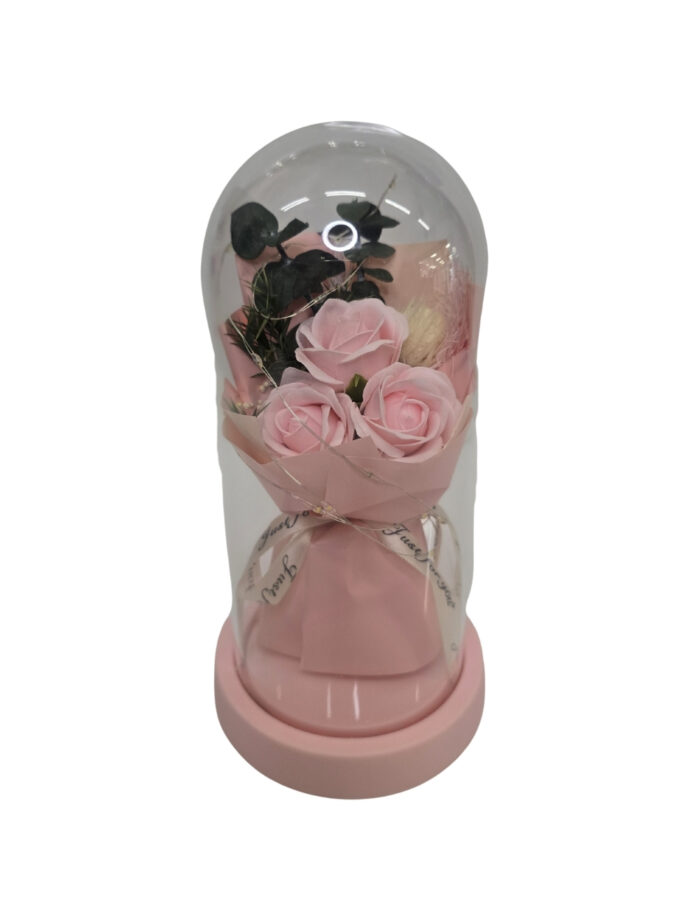 Glasglocke mit Pink-Rosen
